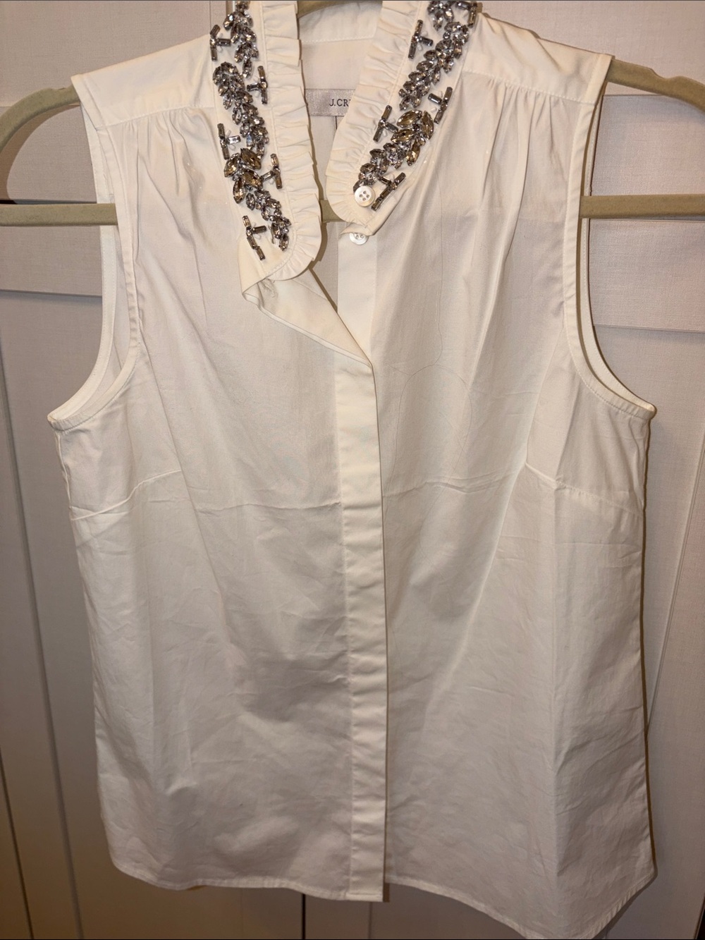 J. Crew Cream Sleeveless Blouse with Embellished Ruffle Collar